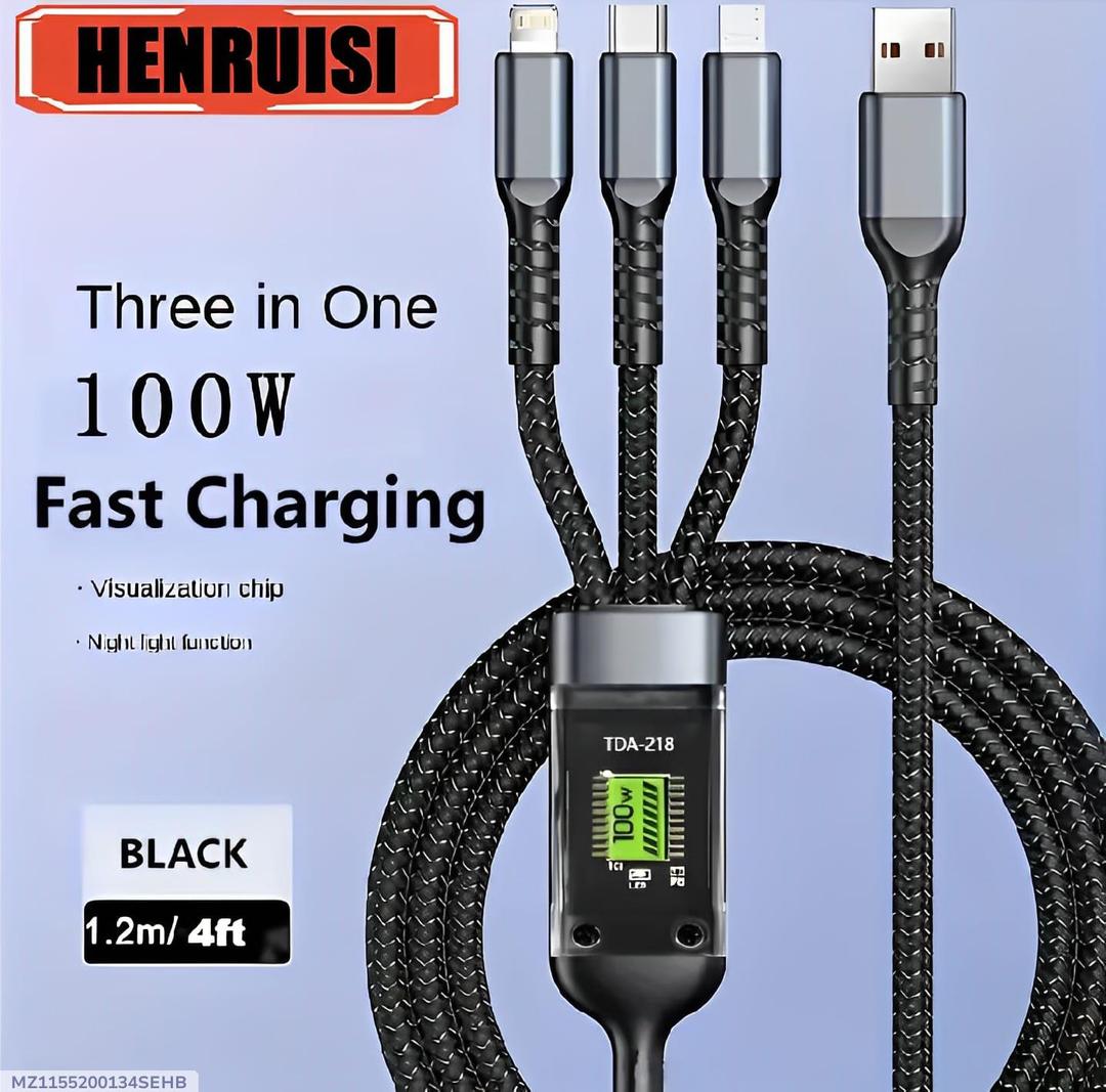 100W 3-in-1 Fast Charging Nylon Braided Cable – Type-C & Micro USB Universal Charger