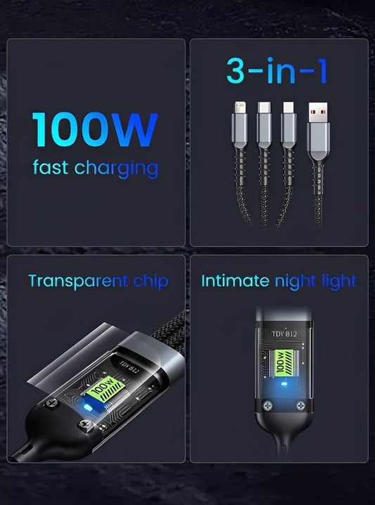 100W 3-in-1 Fast Charging Nylon Braided Cable – Type-C & Micro USB Universal Charger