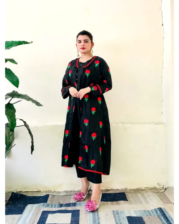 Women’s Embroidered Katan Silk cotton Gown Suit Set – 3 Piece Stitched Formal Dress