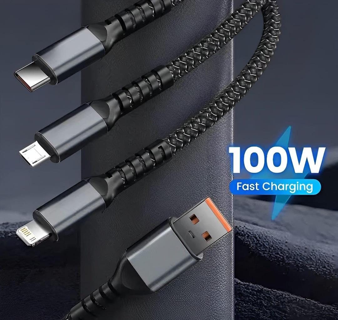 100W 3-in-1 Fast Charging Nylon Braided Cable – Type-C & Micro USB Universal Charger