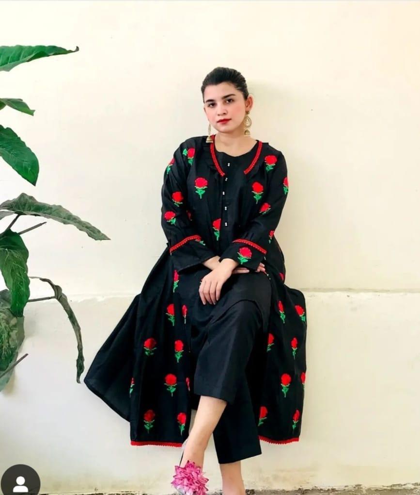 Women’s Embroidered Katan Silk cotton Gown Suit Set – 3 Piece Stitched Formal Dress